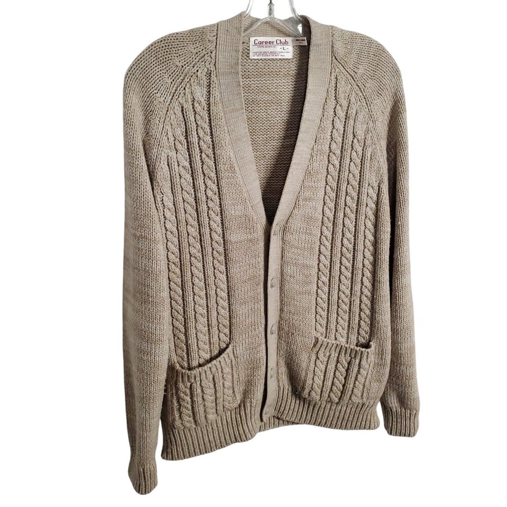 Vintage Career Club Size L Cardigan Grandpa Cable Knit Button Up  V neck Pockets